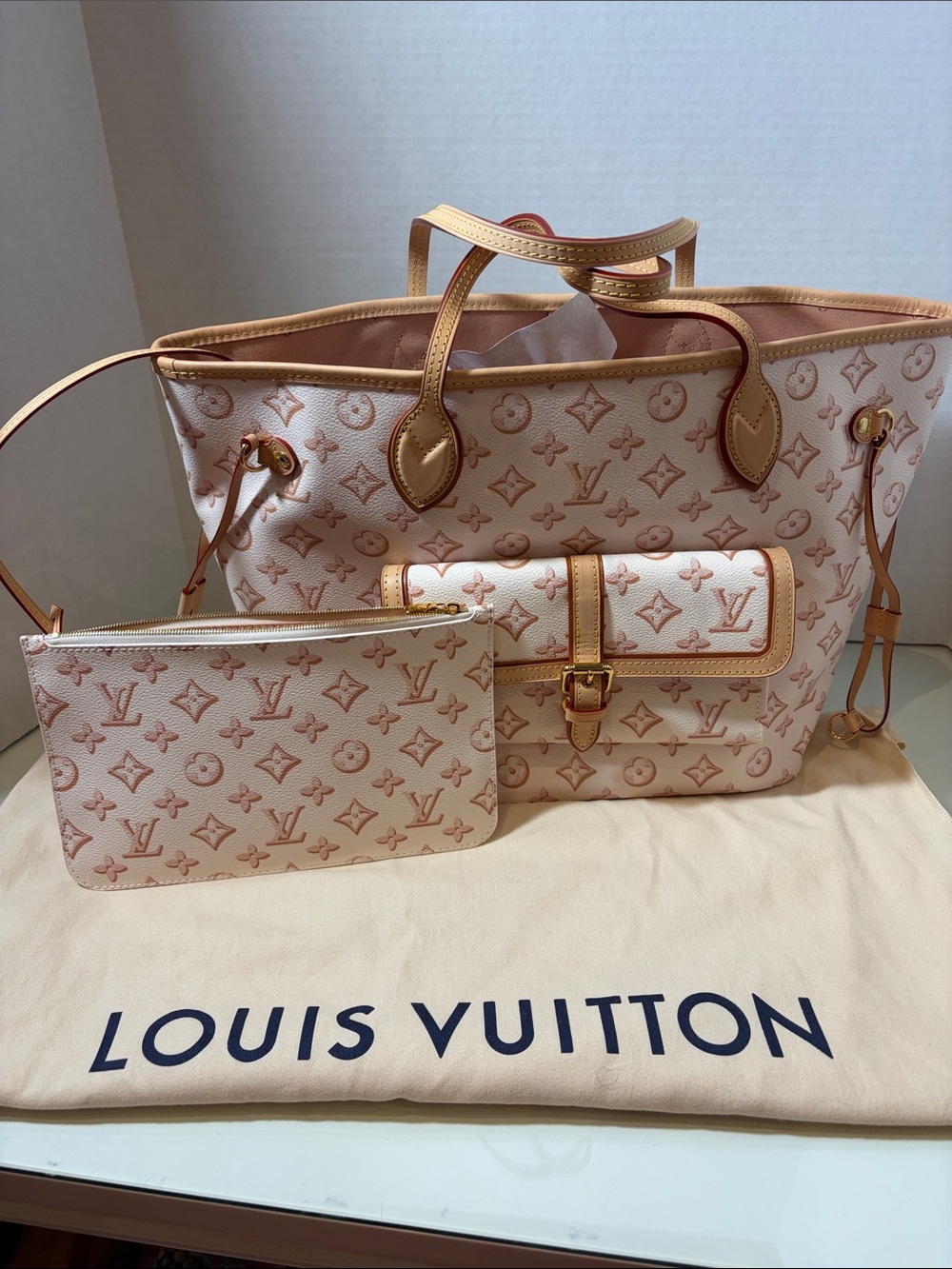 Louis Vuitton Pink and Tan Monogram Canvas Tote with Pouch